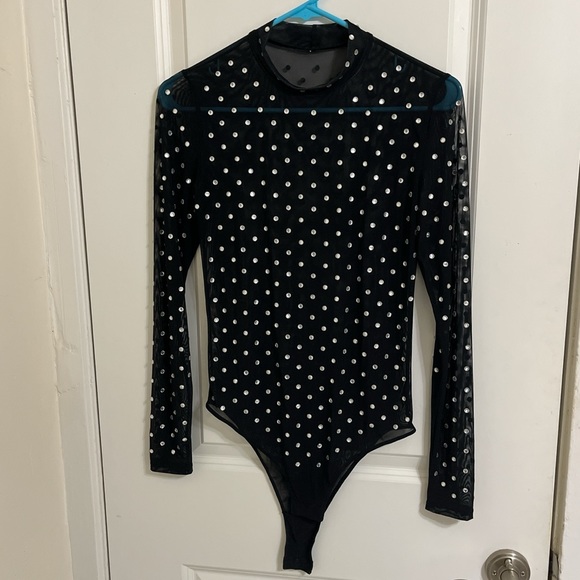 Bejeweled Sheer Mock Neck Bodysuit - Picture 1 of 4